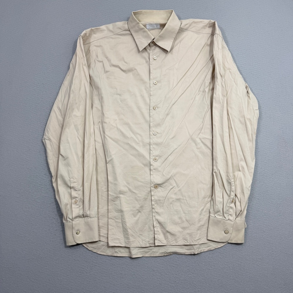 Vintage Prada Button Up Shirt Mens 42 16.5 Beige Made in Italy Stretch Preppy